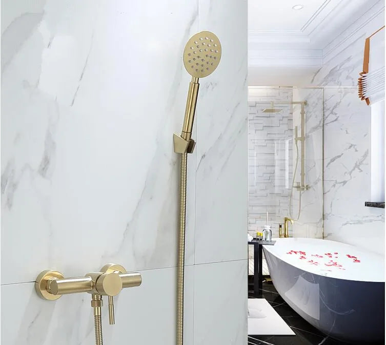 Tuqiu Bathroom Shower Faucet Set Wall Mounted Brushed Gold Shower Faucet, Bathroom Cold and Hot Bath and Shower Mixer Taps Brass
