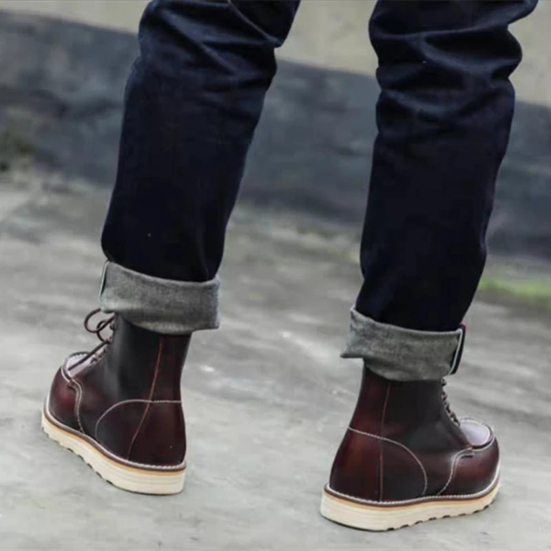 875 Vintage British Men Casual Ankle Boots Cow Leather Shoes Wings Tooling Handmade Autumn Winter Work Motorcycle Boots Red