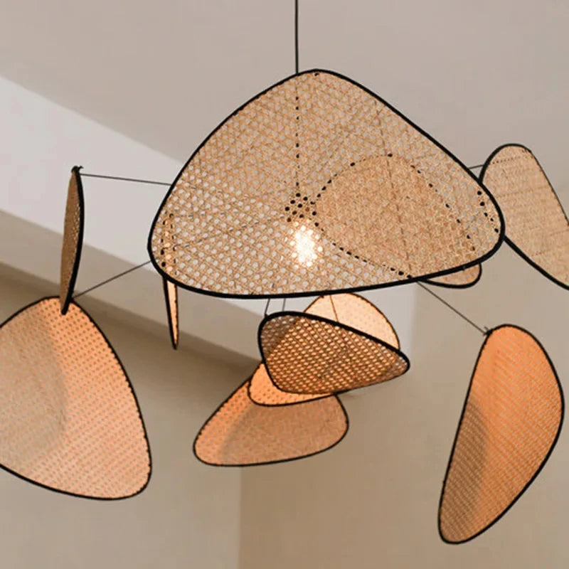 Japanese Wabi-sabi Rattan Pendant Light Dining Room Handmade Rattan Led Chandelier Bedroom Home Decor Leaf Grid Screen Droplight