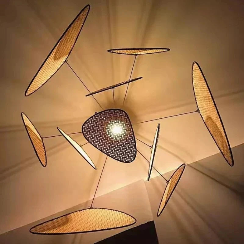 Japanese Wabi-sabi Rattan Pendant Light Dining Room Handmade Rattan Led Chandelier Bedroom Home Decor Leaf Grid Screen Droplight