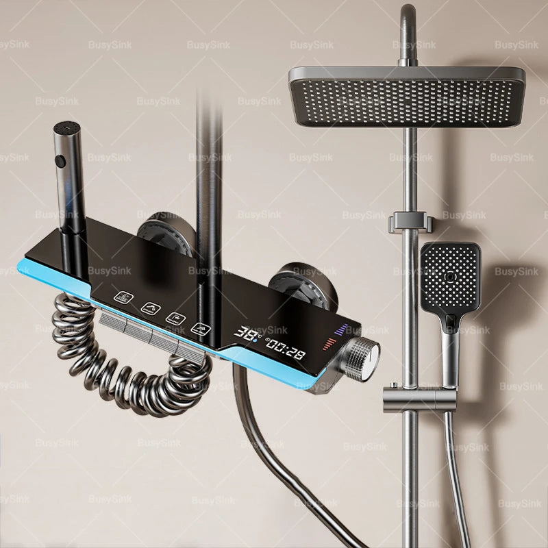 Grey Bathroom Shower Set Ambient Light Showers System Set  Digital Display Piano Button With  Faucets Shower Head