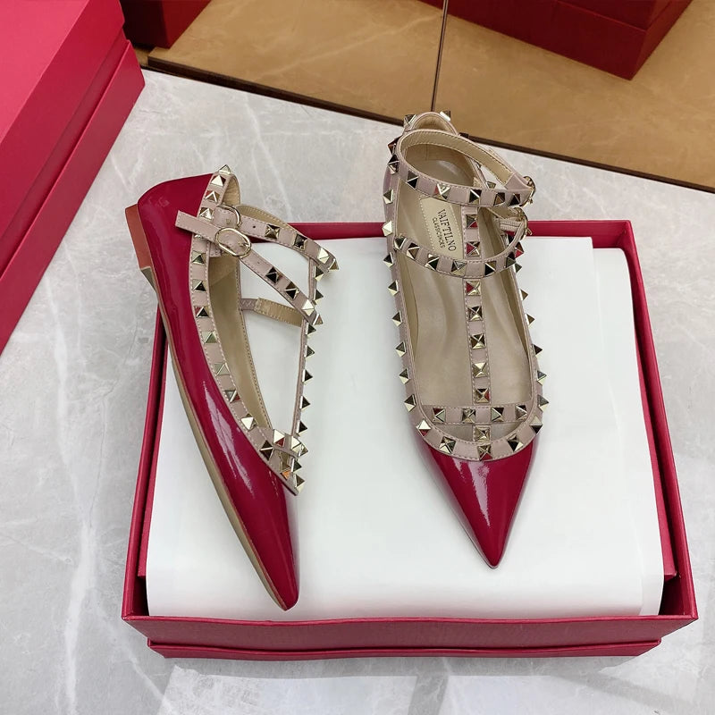 2026 New Pointed Toe Flat Shoes for Women Luxury Gladiator Metal Rivet Ballet Flats Comfortable Fashion Breathable Casual Shoes