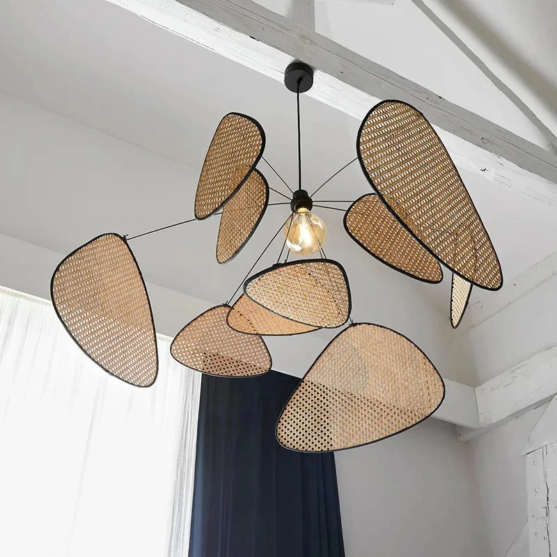 Japanese Wabi-sabi Rattan Pendant Light Dining Room Handmade Rattan Led Chandelier Bedroom Home Decor Leaf Grid Screen Droplight
