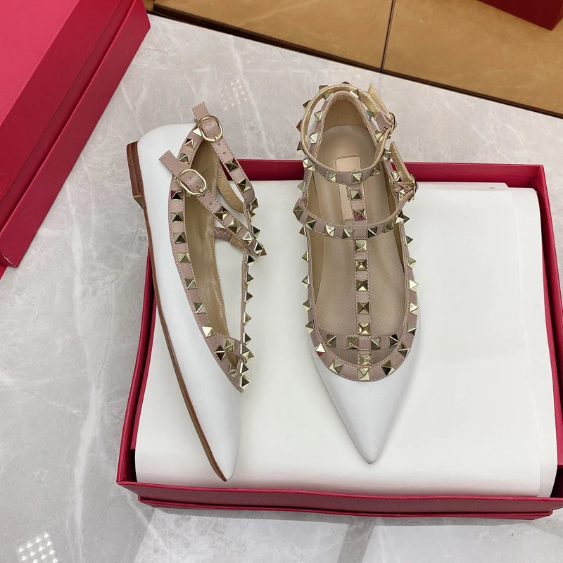 2026 New Pointed Toe Flat Shoes for Women Luxury Gladiator Metal Rivet Ballet Flats Comfortable Fashion Breathable Casual Shoes