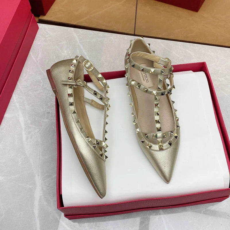 2026 New Pointed Toe Flat Shoes for Women Luxury Gladiator Metal Rivet Ballet Flats Comfortable Fashion Breathable Casual Shoes