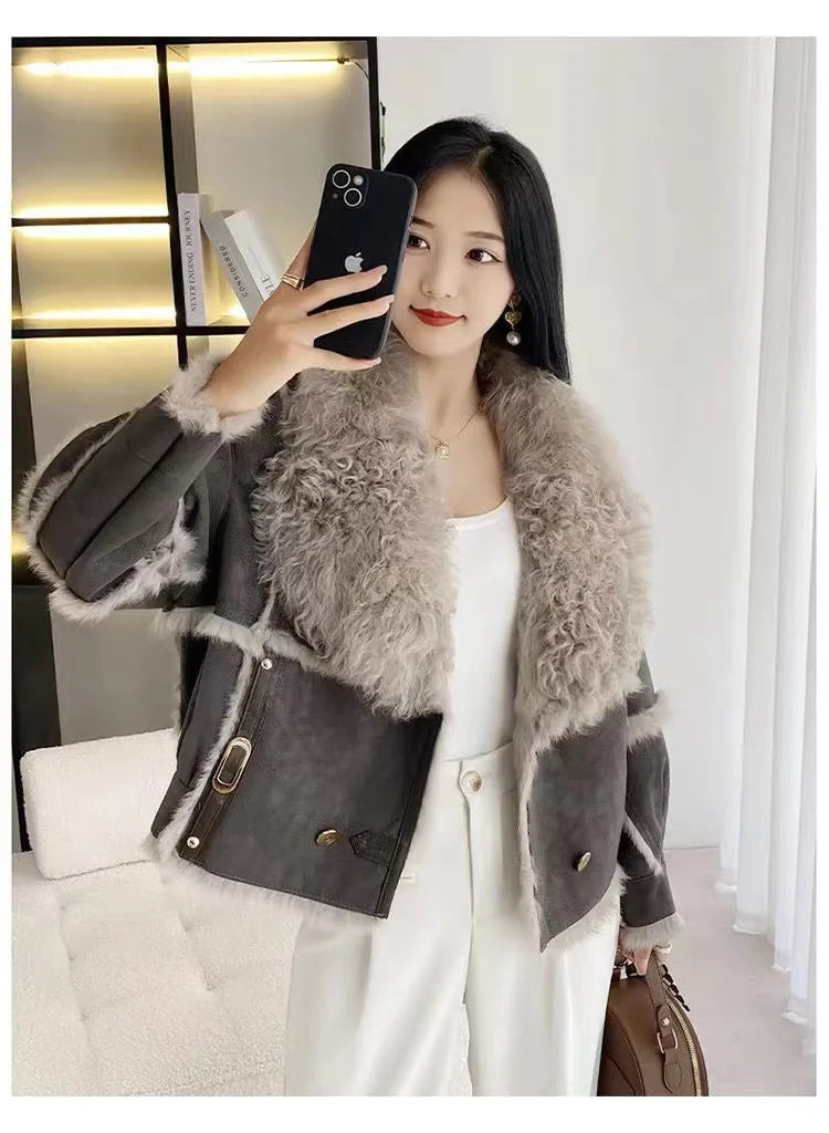 2026 Sprng and Aumn Sort Fur Women's Sheskin Jcket, Taned Sede Fabric, 100% Ntural Rbbit ur Liing, Luxrious And F