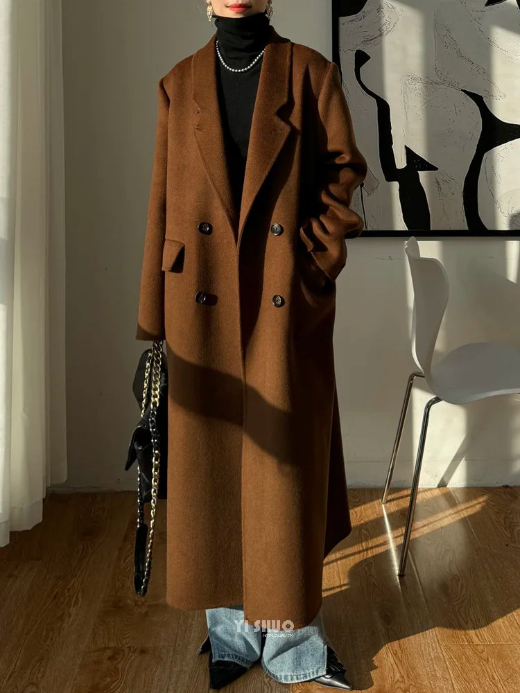 2026 Winter New High end Brown Double sided Wool Coat Women Long Stand up Collar Shoulder Straight Tube Woolen Coat for Women