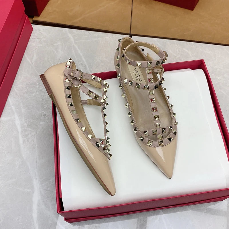 2026 New Pointed Toe Flat Shoes for Women Luxury Gladiator Metal Rivet Ballet Flats Comfortable Fashion Breathable Casual Shoes