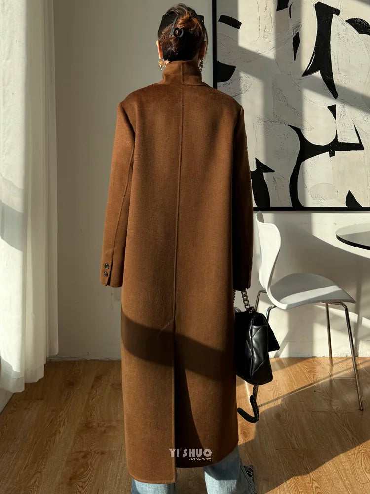 2026 Winter New High end Brown Double sided Wool Coat Women Long Stand up Collar Shoulder Straight Tube Woolen Coat for Women