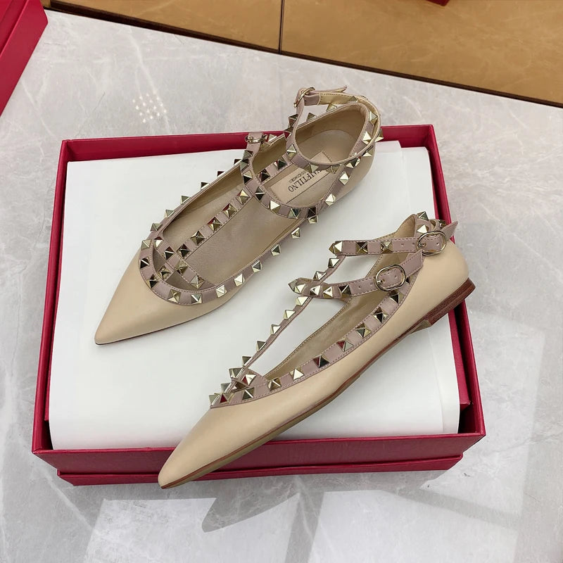 2026 New Pointed Toe Flat Shoes for Women Luxury Gladiator Metal Rivet Ballet Flats Comfortable Fashion Breathable Casual Shoes