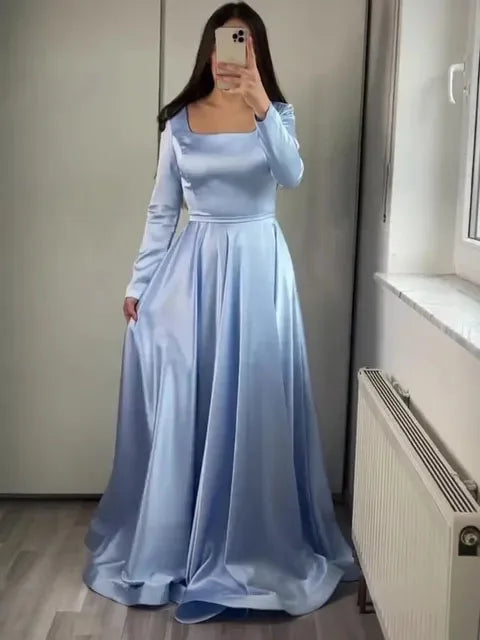Dark Green Satin Evening Dress for Wedding Party Long Sleeve Square Neck Prom Party Gown vestidos de noche Customized