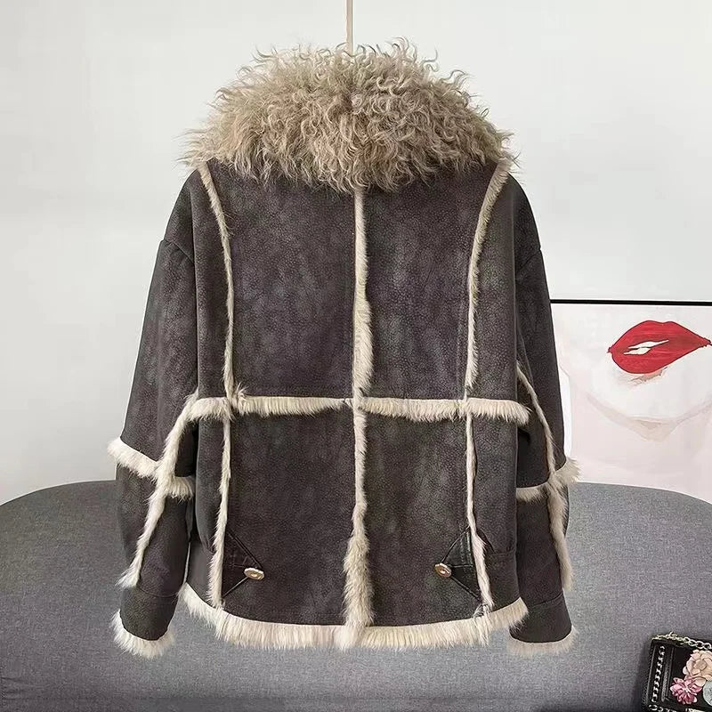 2026 Sprng and Aumn Sort Fur Women's Sheskin Jcket, Taned Sede Fabric, 100% Ntural Rbbit ur Liing, Luxrious And F
