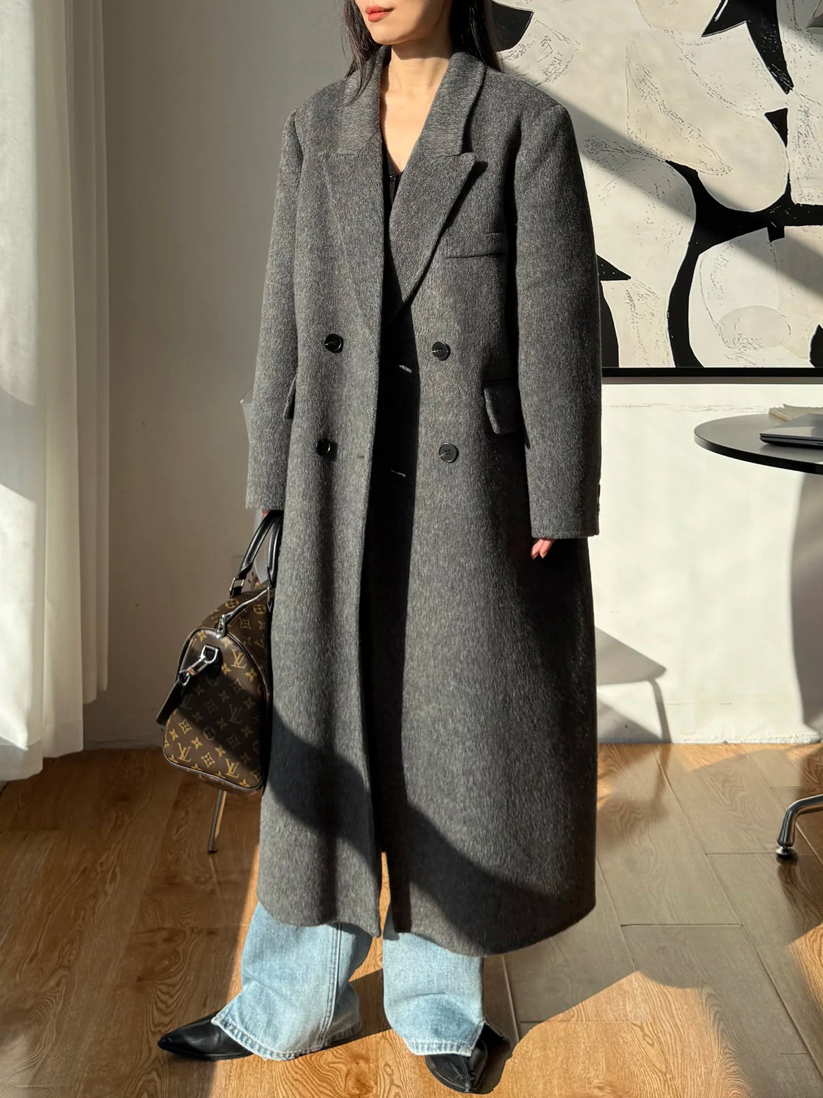 2026 Winter New High end Brown Double sided Wool Coat Women Long Stand up Collar Shoulder Straight Tube Woolen Coat for Women