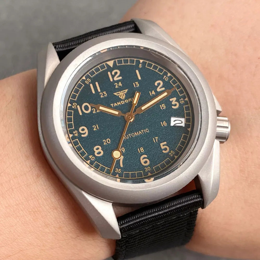 Tandorio 3.8 Mod Sandblast NH36AA Mechanical Men Watch Vintage Green Dial Sapphire Glass Arabic Numerals Waterproof Dive Clock