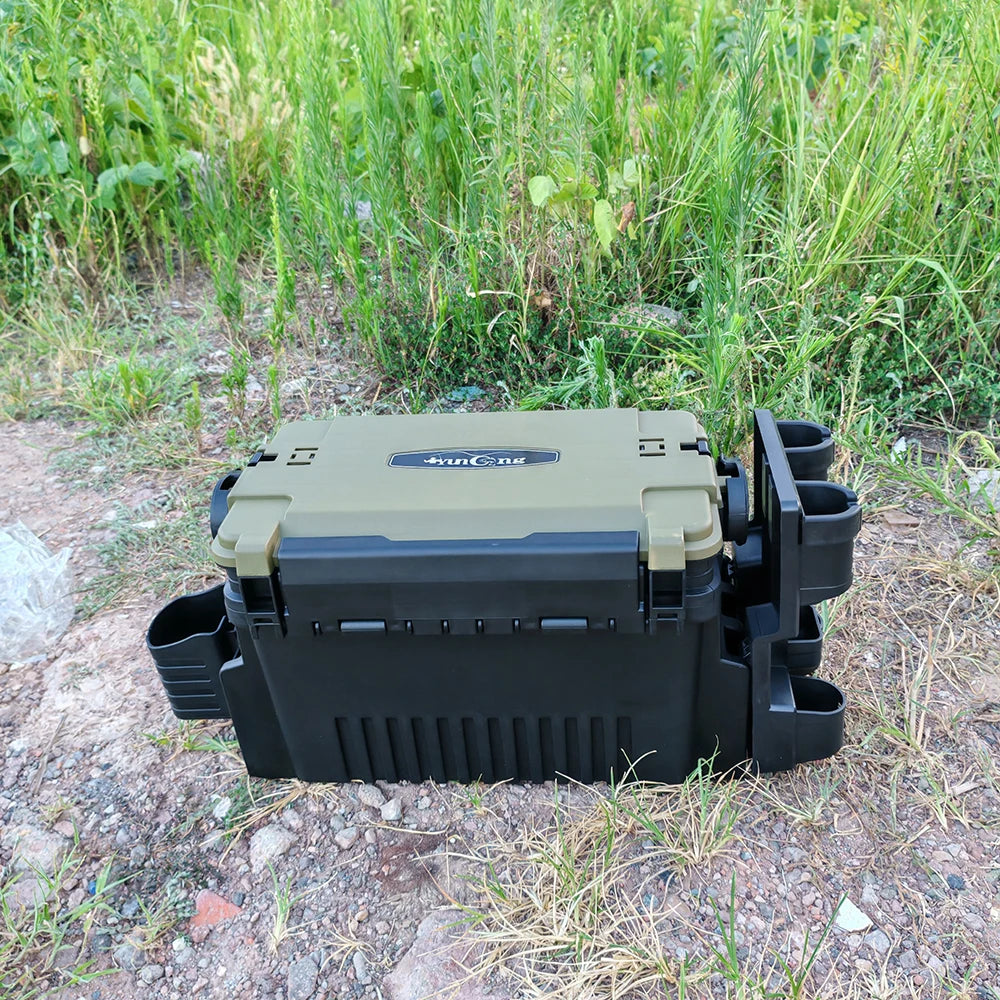 1-piece set of large lure fishing box - double layered fishing box+integrated double pole stand+water cup holder