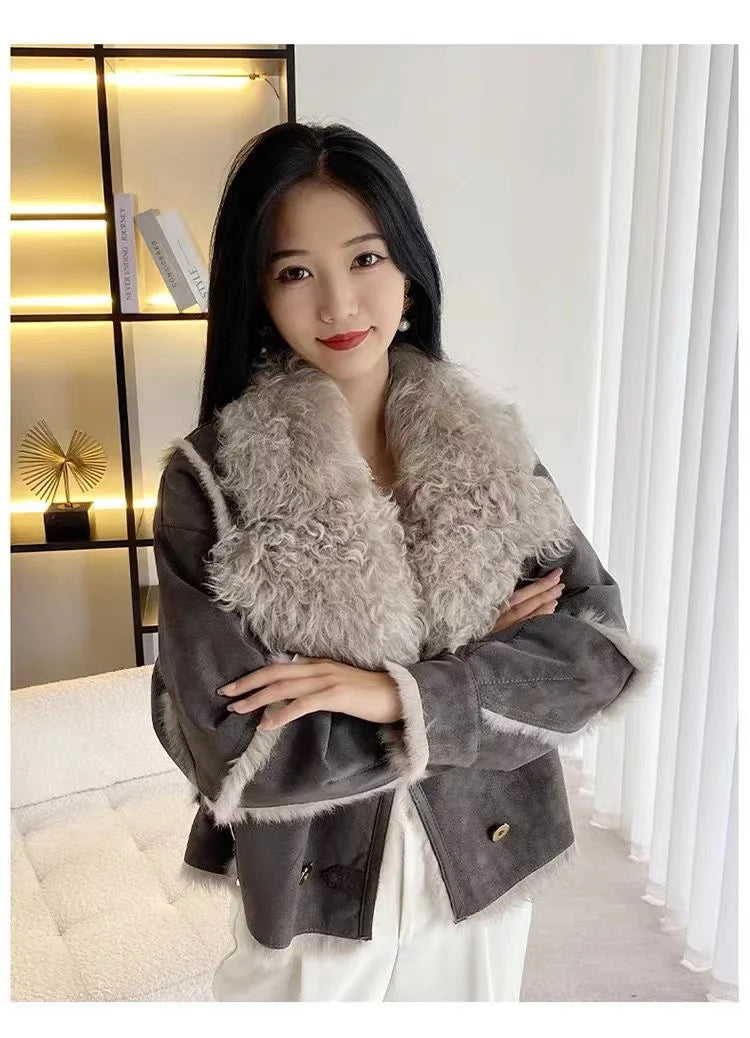 2026 Sprng and Aumn Sort Fur Women's Sheskin Jcket, Taned Sede Fabric, 100% Ntural Rbbit ur Liing, Luxrious And F