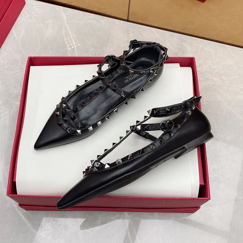 2026 New Pointed Toe Flat Shoes for Women Luxury Gladiator Metal Rivet Ballet Flats Comfortable Fashion Breathable Casual Shoes