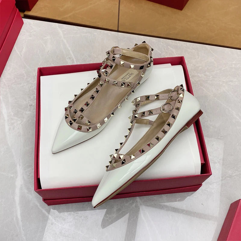 2026 New Pointed Toe Flat Shoes for Women Luxury Gladiator Metal Rivet Ballet Flats Comfortable Fashion Breathable Casual Shoes