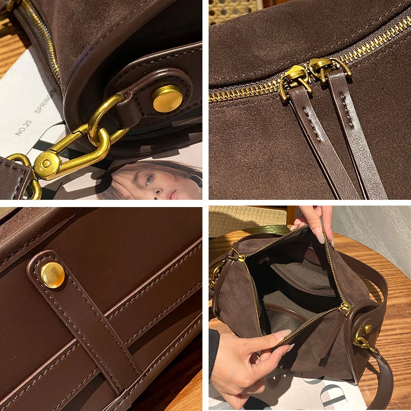 Retro Women Genuine Suede Cowhide Leather Crossbody Bag Large Capacity Soft Wearable Cow Shoulder Travel Bag With Double Zipper