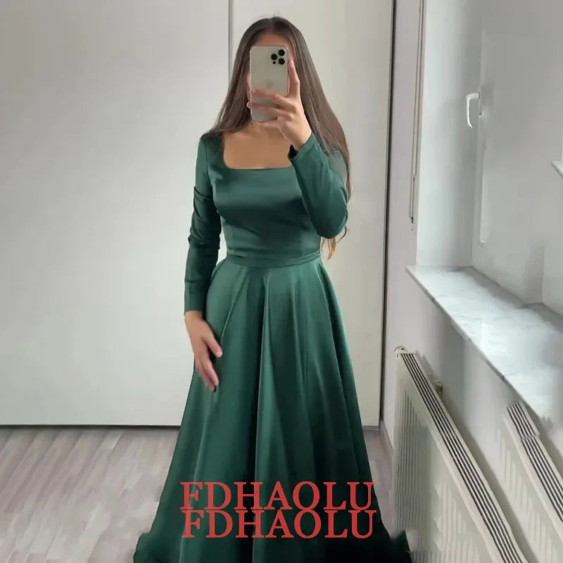 Dark Green Satin Evening Dress for Wedding Party Long Sleeve Square Neck Prom Party Gown vestidos de noche Customized