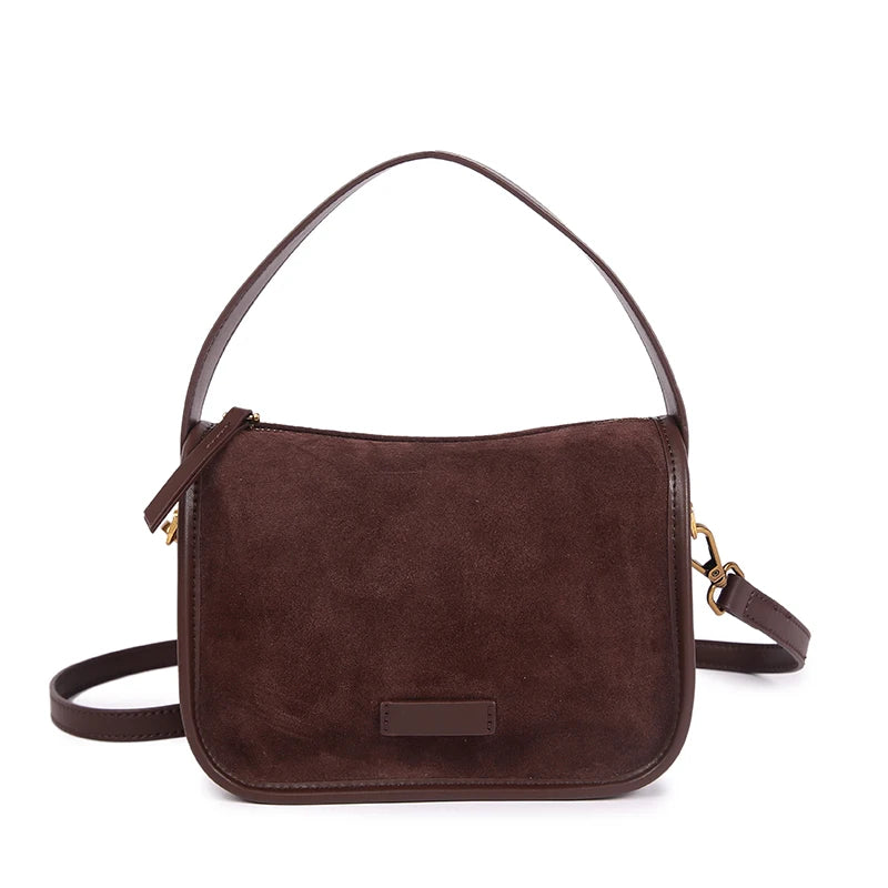 Retro Women Genuine Suede Cowhide Leather Crossbody Bag Large Capacity Soft Wearable Cow Shoulder Travel Bag With Double Zipper