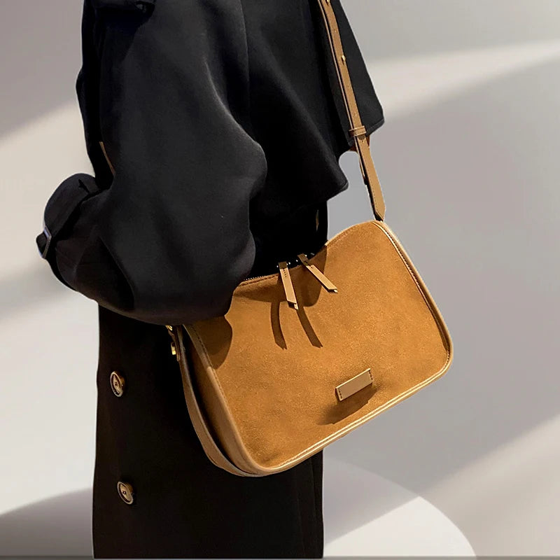 Retro Women Genuine Suede Cowhide Leather Crossbody Bag Large Capacity Soft Wearable Cow Shoulder Travel Bag With Double Zipper