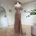 Serene Hill  Off Shoulder Pink Mermaid Beaded Luxury Evening Dress with Side Split Formal Occasion Saudi Customize BLA72481