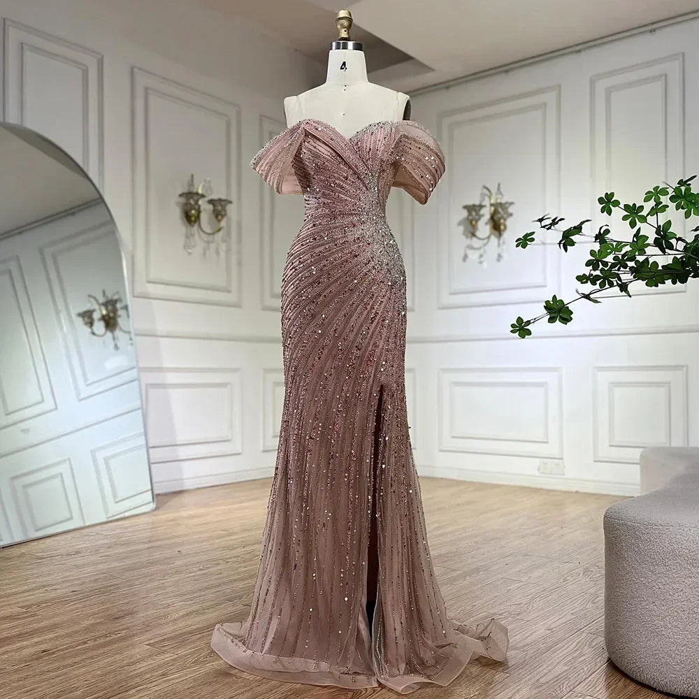 Serene Hill  Off Shoulder Pink Mermaid Beaded Luxury Evening Dress with Side Split Formal Occasion Saudi Customize BLA72481