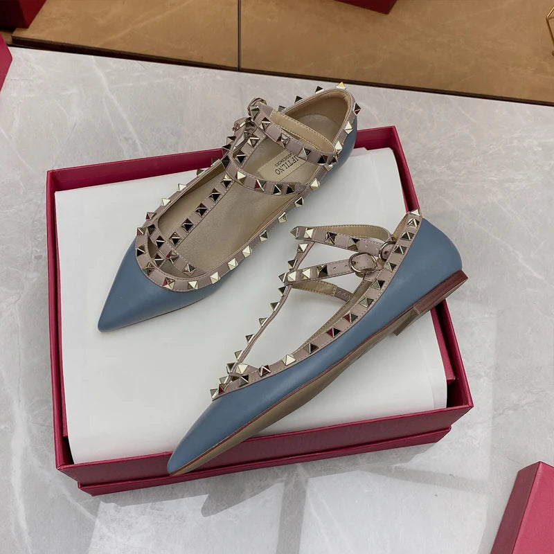 2026 New Pointed Toe Flat Shoes for Women Luxury Gladiator Metal Rivet Ballet Flats Comfortable Fashion Breathable Casual Shoes