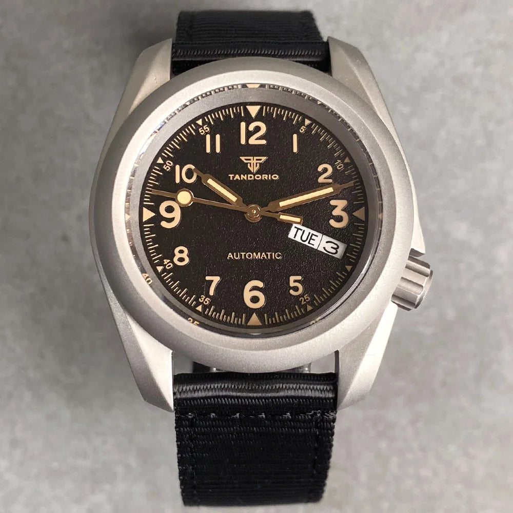 Tandorio 3.8 Mod Sandblast NH36AA Mechanical Men Watch Vintage Green Dial Sapphire Glass Arabic Numerals Waterproof Dive Clock
