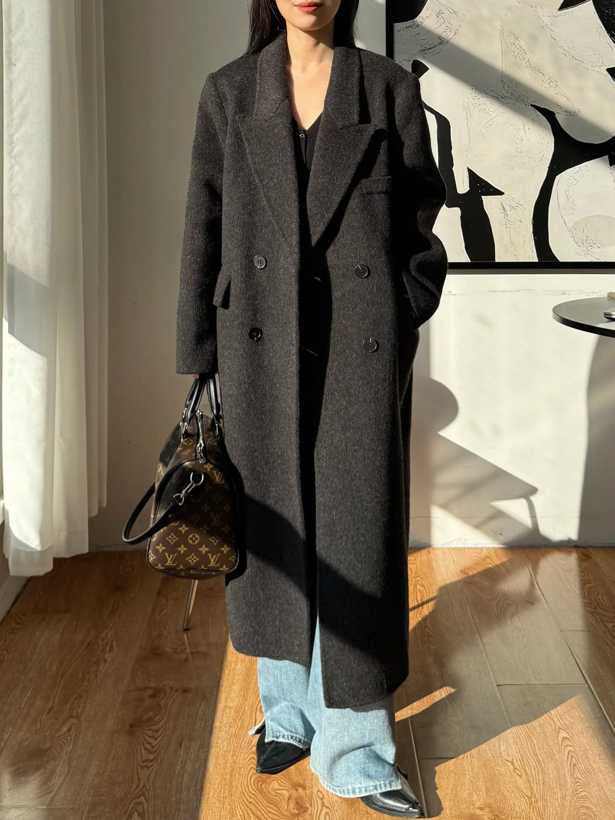 2026 Winter New High end Brown Double sided Wool Coat Women Long Stand up Collar Shoulder Straight Tube Woolen Coat for Women