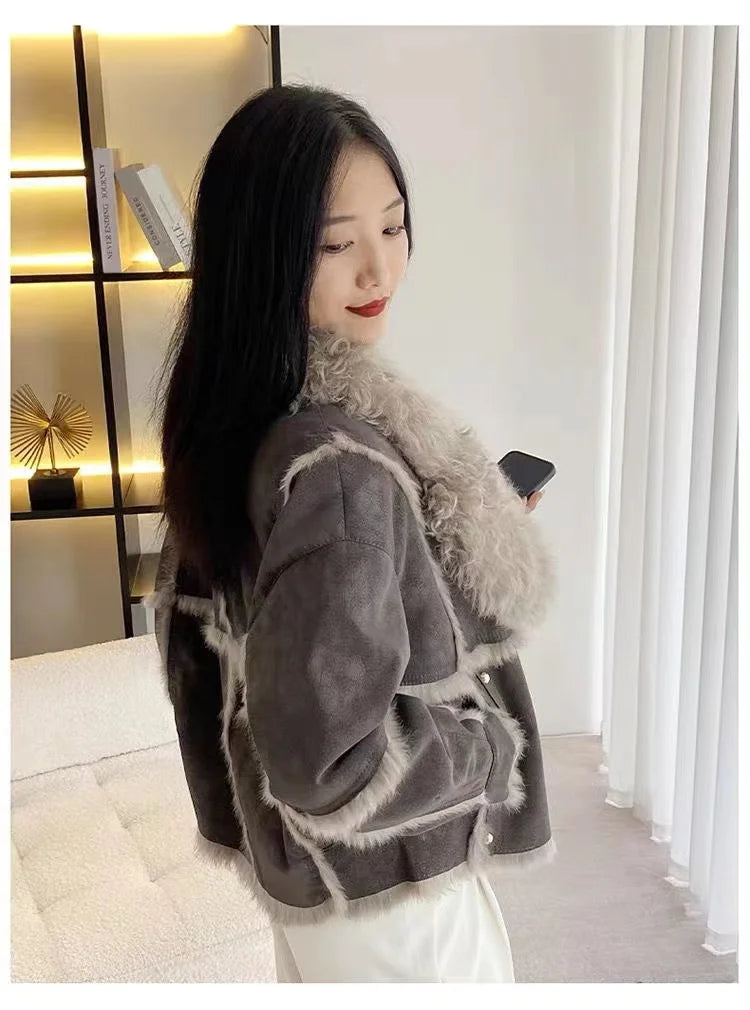 2026 Sprng and Aumn Sort Fur Women's Sheskin Jcket, Taned Sede Fabric, 100% Ntural Rbbit ur Liing, Luxrious And F
