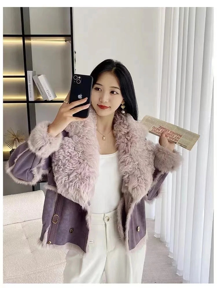 2026 Sprng and Aumn Sort Fur Women's Sheskin Jcket, Taned Sede Fabric, 100% Ntural Rbbit ur Liing, Luxrious And F