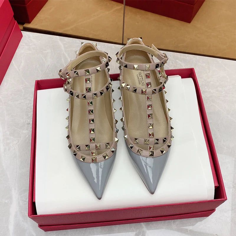 2026 New Pointed Toe Flat Shoes for Women Luxury Gladiator Metal Rivet Ballet Flats Comfortable Fashion Breathable Casual Shoes