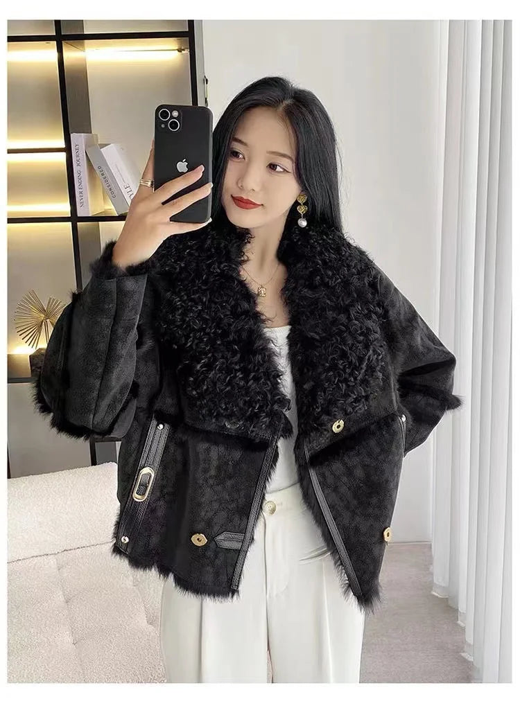 2026 Sprng and Aumn Sort Fur Women's Sheskin Jcket, Taned Sede Fabric, 100% Ntural Rbbit ur Liing, Luxrious And F
