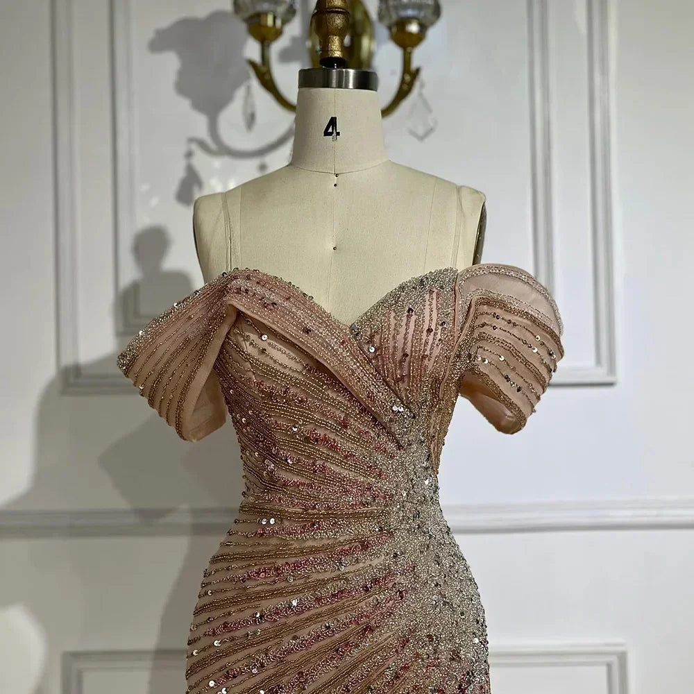 Serene Hill  Off Shoulder Pink Mermaid Beaded Luxury Evening Dress with Side Split Formal Occasion Saudi Customize BLA72481