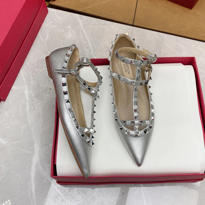 2026 New Pointed Toe Flat Shoes for Women Luxury Gladiator Metal Rivet Ballet Flats Comfortable Fashion Breathable Casual Shoes