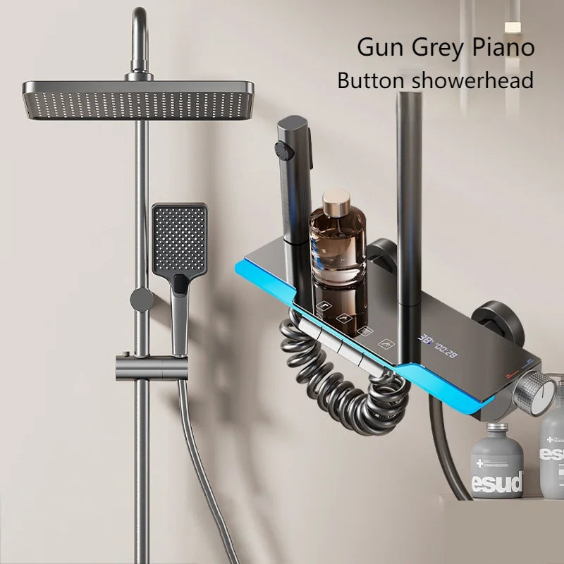 Grey Bathroom Shower Set Ambient Light Showers System Set  Digital Display Piano Button With  Faucets Shower Head