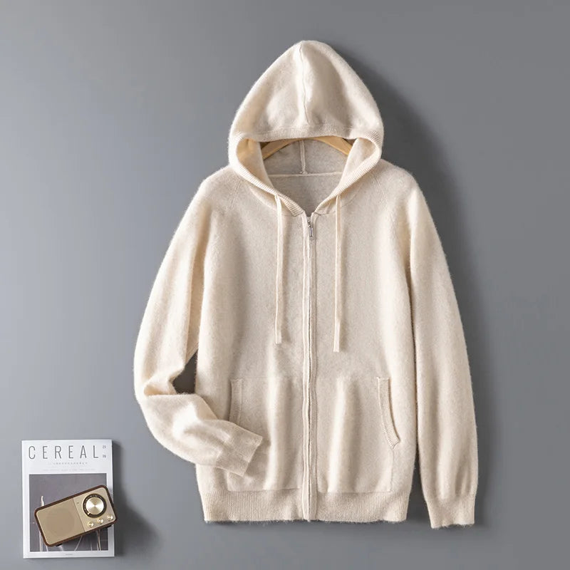 DjzDsm Autumn and Winter100% Merino Wool Men's Knitted Top Zipper Hoodie Zipper Cardigan Knitted Coat Sweater Hoodie