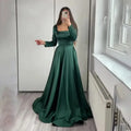 Dark Green Satin Evening Dress for Wedding Party Long Sleeve Square Neck Prom Party Gown vestidos de noche Customized