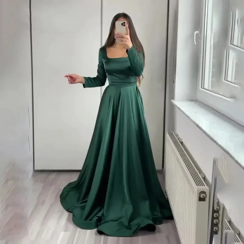 Dark Green Satin Evening Dress for Wedding Party Long Sleeve Square Neck Prom Party Gown vestidos de noche Customized
