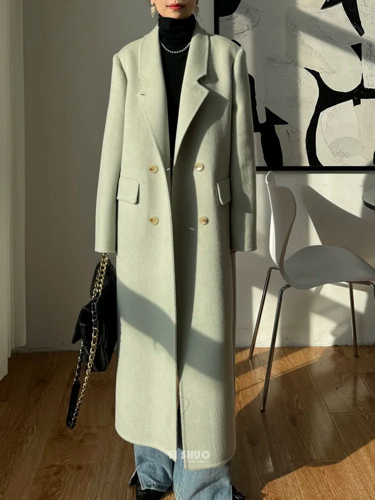 2026 Winter New High end Brown Double sided Wool Coat Women Long Stand up Collar Shoulder Straight Tube Woolen Coat for Women