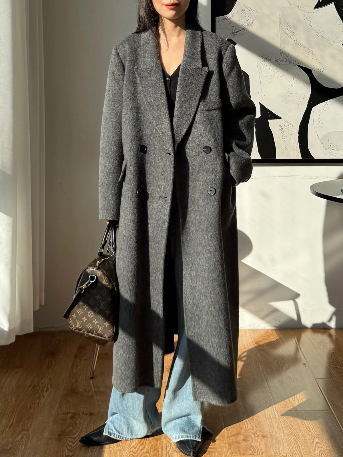 2026 Winter New High end Brown Double sided Wool Coat Women Long Stand up Collar Shoulder Straight Tube Woolen Coat for Women