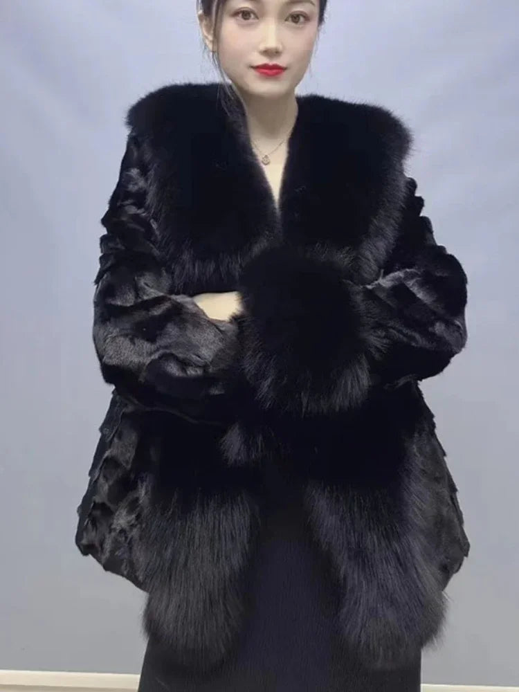 Big Collar Coat Fox Fur Jacket 2024 Autumn Winter Women Real Mink Fur Outerwear High Quality Luxury Warm Middle Length Cardigan