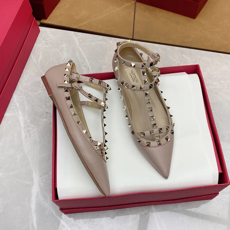 2026 New Pointed Toe Flat Shoes for Women Luxury Gladiator Metal Rivet Ballet Flats Comfortable Fashion Breathable Casual Shoes