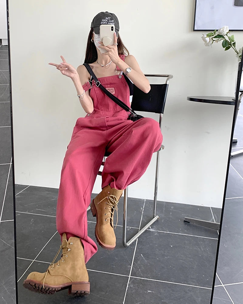 XS-XL jean womens Summer Preppy Style loose Girls Pink wide leg trousers jumpsuit korean casual denim overalls womens(78891