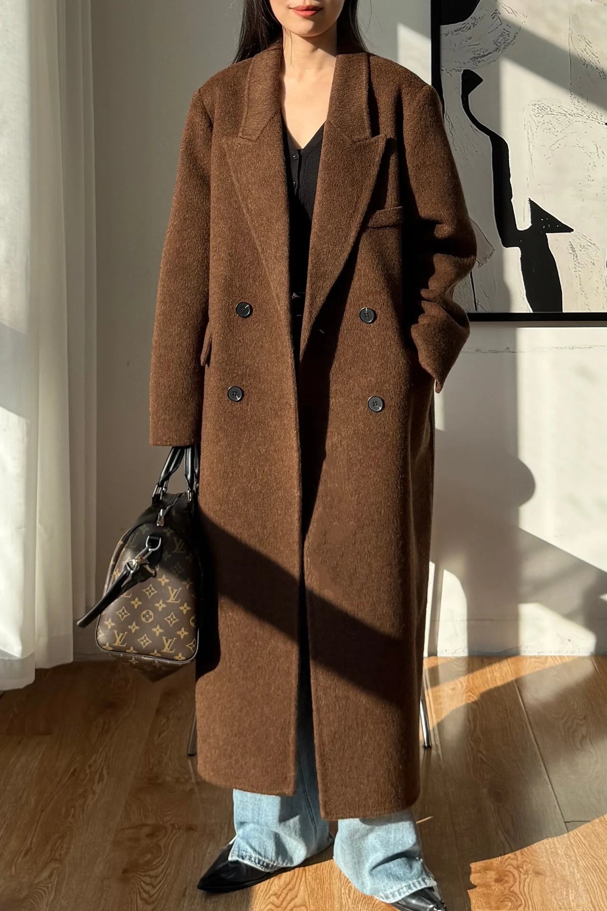 2026 Winter New High end Brown Double sided Wool Coat Women Long Stand up Collar Shoulder Straight Tube Woolen Coat for Women