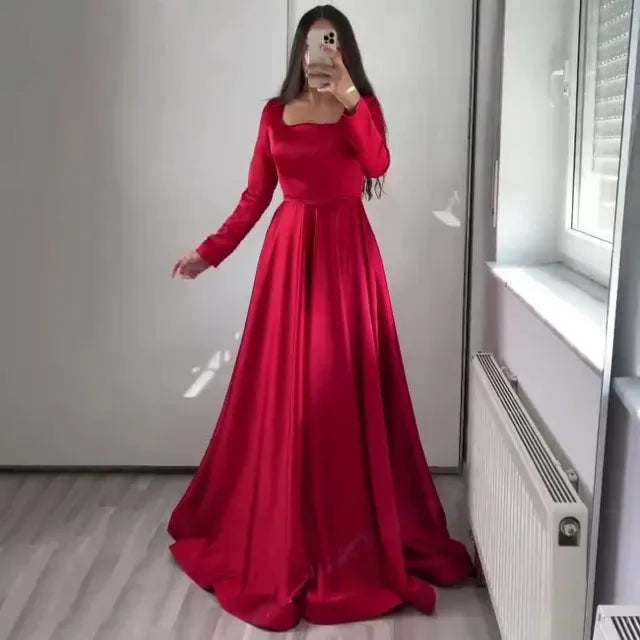 Dark Green Satin Evening Dress for Wedding Party Long Sleeve Square Neck Prom Party Gown vestidos de noche Customized