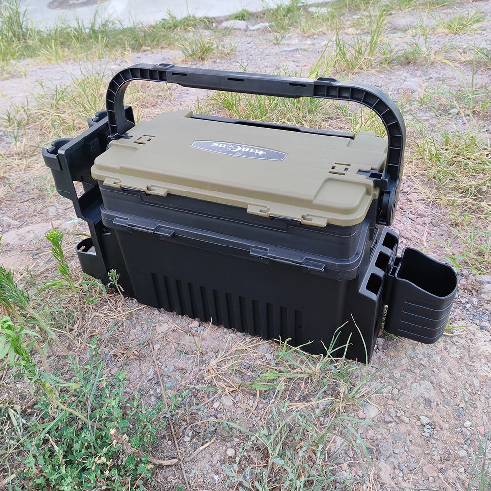 1-piece set of large lure fishing box - double layered fishing box+integrated double pole stand+water cup holder