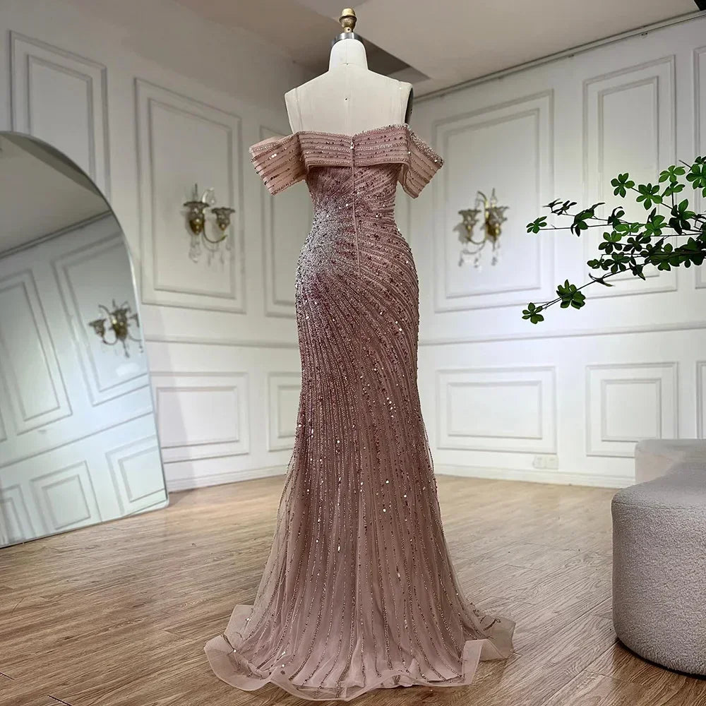 Serene Hill  Off Shoulder Pink Mermaid Beaded Luxury Evening Dress with Side Split Formal Occasion Saudi Customize BLA72481